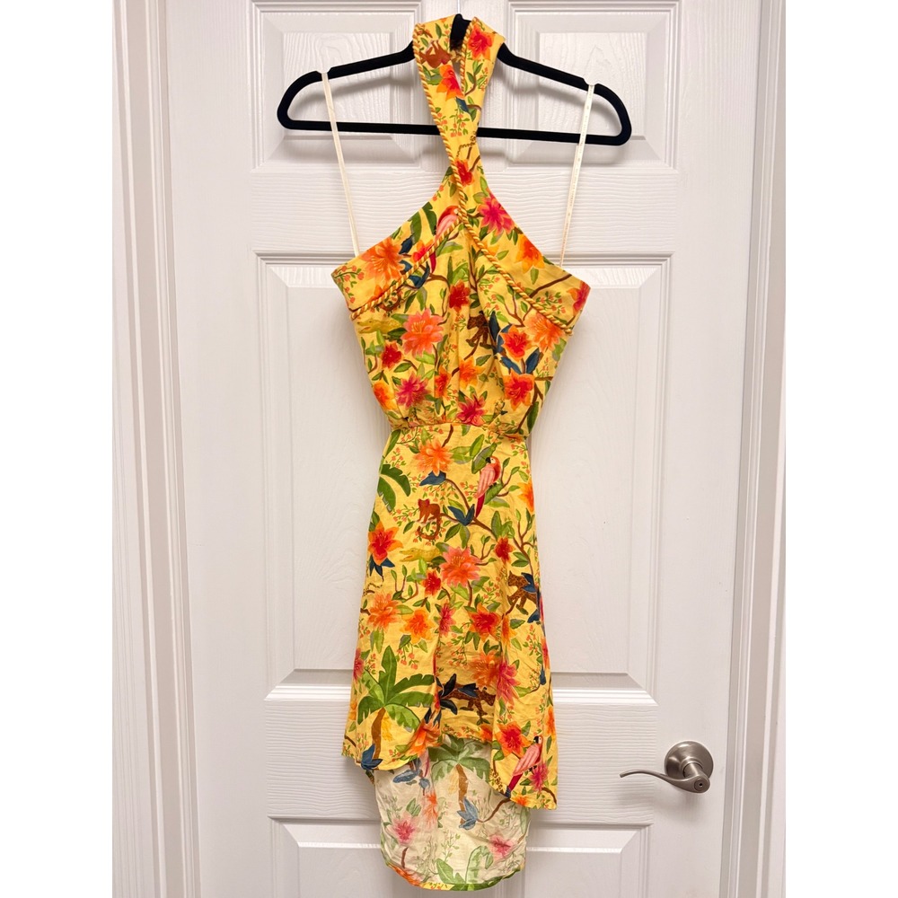 Farm Rio x Anthropologie Yellow Tropical Jungle Halter Mini Dress Size M NWT - Picture 3 of 6